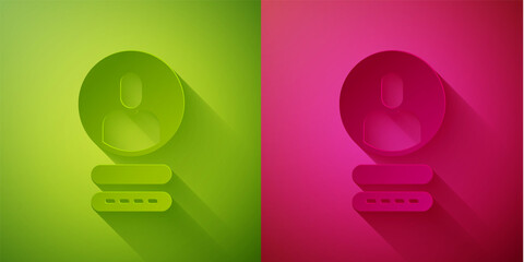 Paper cut Create account screen icon isolated on green and pink background. Paper art style. Vector Illustration.