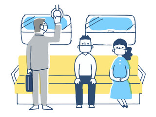 一定の距離をとって電車に乗る人々