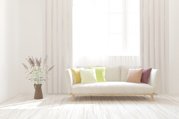 Fototapeta premium White living room with sofa. Scandinavian interior design. 3D illustration