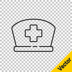 Black line Nurse hat with cross icon isolated on transparent background. Medical nurse cap sign. Vector Illustration.