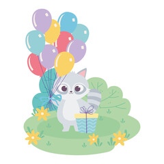 Obraz na płótnie Canvas happy birthday, cute raccoon with bunch balloons and gift celebration decoration cartoon