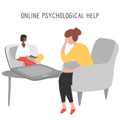 Internet psychologist. Patient discusses problems online with therapist. Mental health adviser leads reception video call. Psychologist coach holds an online session on the internet. Vector