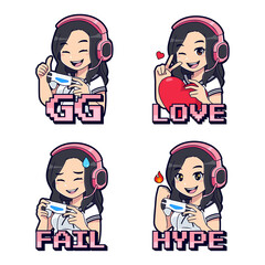 Streamer gamer girl twitch emotes and badges set © tkzgraphic