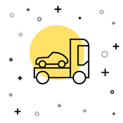 Black line Car transporter truck for transportation of car icon isolated on white background. Random dynamic shapes. Vector Illustration.