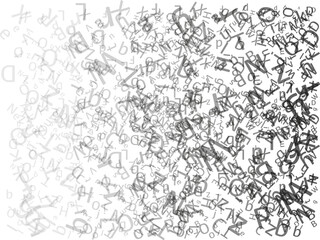 Alphabet with gray letter as modern background. Grey banner with flying letters on white paper. Clean card to fill