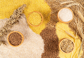 Cereals in wooden bowls, diet food, healthy lifestyle