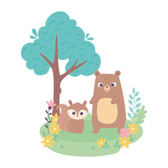 cute little squirrel and bear on grass with flowers and tree cartoon