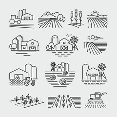 Farm and farming fields line icons vector © SimonP