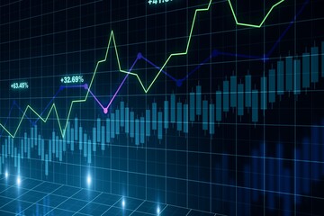 Virtual creative financial chart hologram on dark background, research and analytics concept. 3D Rendering