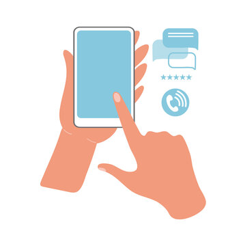 Hands hold the phone and point to the screen with a finger. Flat vector illustration. Online communication on the Internet using gadgets
