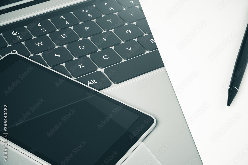 Aufkleber top view of modern cellphone and laptop on a table. 3d rendering