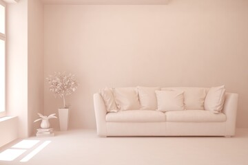 White minimalist living room with sofa. Scandinavian interior design. 3D illustration