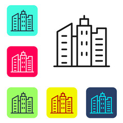 Obraz premium Black line City landscape icon isolated on white background. Metropolis architecture panoramic landscape. Set icons in color square buttons. Vector Illustration.