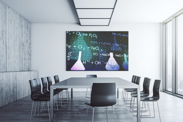 Creative chemistry illustration on presentation tv screen in a modern meeting room, research and development concept. 3D Rendering
