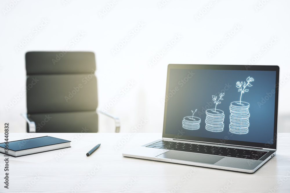 Poster modern computer monitor with cash savings hologram. development and achievement of goals concept. 3d