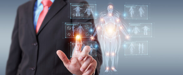 Man using digital x-ray human body holographic scan projection 3D rendering