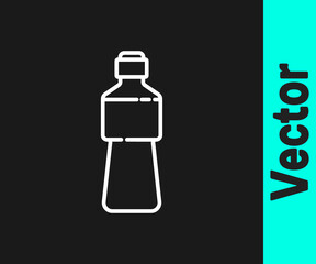 White line Bottle of water icon isolated on black background. Soda aqua drink sign. Vector Illustration.