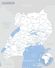 Blue-gray detailed map of Uganda and administrative divisions and location on the globe.