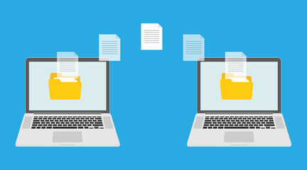 File transfer concept, sharing files between devices with folders on screen and transferred documents, Backup files, flat icon. Vector illustration
