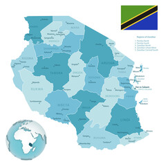 Tanzania administrative blue-green map with country flag and location on a globe.