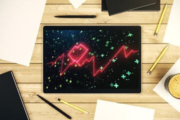 Creative abstract heart pulse hologram on modern digital tablet display, online medical consulting concept. Top view. 3D Rendering