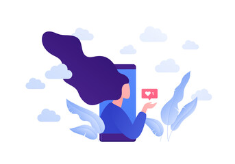 Dating online app, relatioship and blogger concept. Vector flat person illustration. Woman on phone screen holding heart shape like symbol. Love emotion. Design element for banner, web.