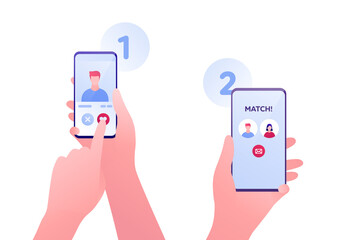 Dating online app and relatioship concept. Vector flat person illustration. Human hand holding smartphone and touch heart shape symbol. Man and woman avatar with match text. Design for banner, web.