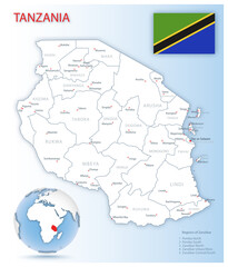 Detailed Tanzania administrative map with country flag and location on a blue globe.