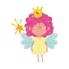 cute little fairy with magic wand and crown cartoon isolated icon design