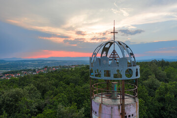 Abandoned geodetic tower with Hungairan crown on top. Near by Budapest, Hungary. Originally this...
