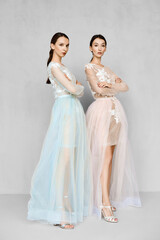 Fototapeta na wymiar Two beautiful girls in transparent tulle dresses with lace