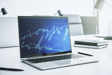 Modern computer screen with abstract creative financial chart, research and analytics concept. 3D Rendering