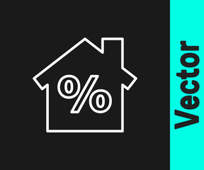 White line House with percant discount tag icon isolated on black background. Real estate home. Credit percentage symbol. Vector Illustration.