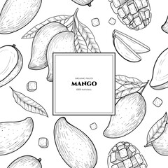 Vector frame with mango. Hand drawn. Vintage style