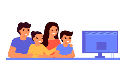 Happy family man, woman and children sitting at home and watching TV. People watch videos, parents and kids. Rest, communication, joint time, leisure. Vector illustration