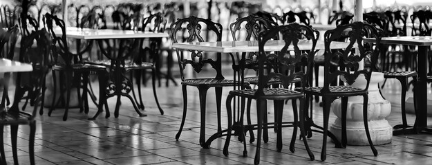abstract blurred background street cafe in the city, no people, empty, summer restaurant quarantine