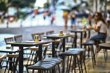 abstract blurred background street cafe in the city, no people, empty, summer restaurant quarantine