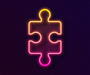 Glowing neon line Piece of puzzle icon isolated on black background. Business, marketing, finance, layout, infographics, internet concept. Vector Illustration.