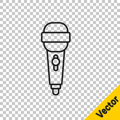 Black line Microphone icon isolated on transparent background. On air radio mic microphone. Speaker sign. Vector Illustration.
