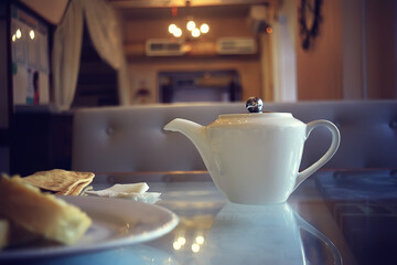 breakfast in a cafe, interior morning food hotel, teapot and cup serving restaurant