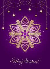 Sparkling stylized golden snowflake on dark purple background. Design element for greeting card, invitation or poster
