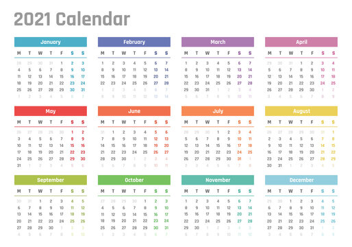 calendar for 2021 starts monday, vector calendar design 2021 year