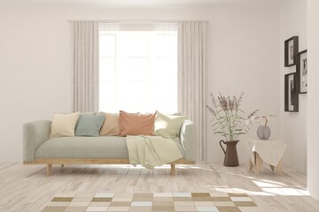 White living room with sofa. Scandinavian interior design. 3D illustration