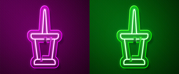 Glowing neon line Push pin icon isolated on purple and green background. Thumbtacks sign. Vector Illustration.