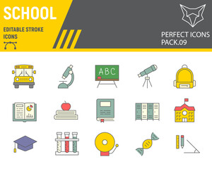 School color line icon set, education symbols collection, vector sketches, logo illustrations, back to school icons, knowledge signs colorful linear pictograms, editable stroke.