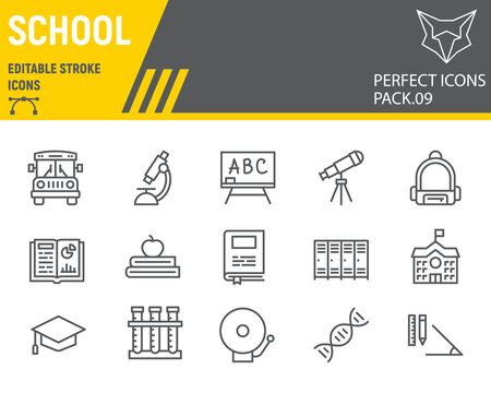 School Line Icon Set, Education Symbols Collection, Vector Sketches, Logo Illustrations, Back To School Icons, Knowledge Signs Linear Pictograms, Editable Stroke.