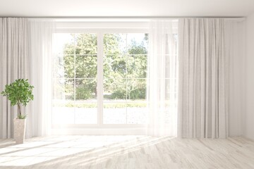 White empty room with summer landscape in window. Scandinavian interior design. 3D illustration