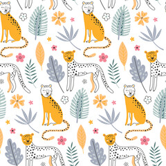 Cute vector seamless pattern with leopard animals and tropical plants.