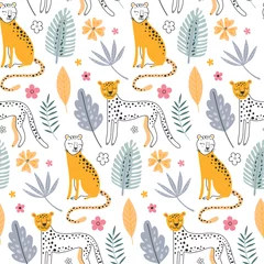 Tapeten Cute vector seamless pattern with leopard animals and tropical plants. © Andrei