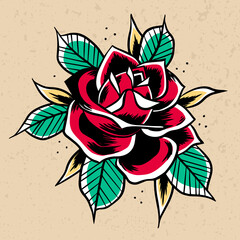 Old School red Rose. Print for t-shirt postcards logo icons. Vintage traditional art. Simbol of love. Barbershop or tattoo studio design. Stock vector illustration isolated on white background.